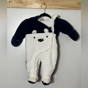 First Wish One Piece Polar Bear Snap Winter Navy Blue White Baby 3-6M